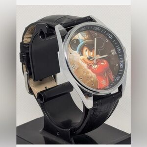 Sorcerer Mickey Mouse Gold Tone Unisex Watch Quartz black leather bracelet